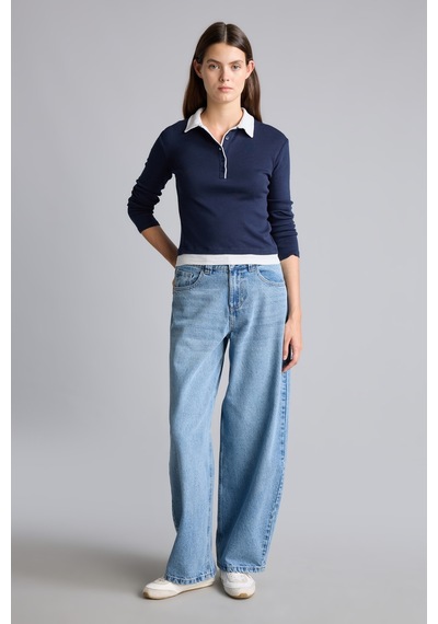 Defacto Slim Fit Kontrast Polo Yaka Ribana Uzun Kollu Basic Tişört I2637ax26aunv245 Lacivert-nv245