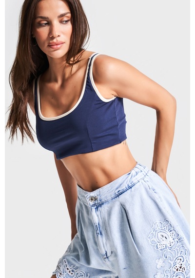 Kadın Lacivert Renk S5-56 Süper Esnek Kumaş Crop Fit Askılı Sporcu Büstiyer
