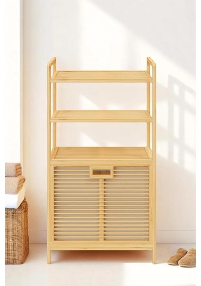 Bambu Xl Kirli Sepetli 3 Raflı Çok Amaçlı Banyo Düzenleyici Çamaşır Sepeti Organizer Db-0011 Çok Renkli