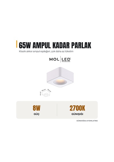 Molled Verona Serisi 8w Kare Sıva Üstü Led Spot Beyaz Kasa 2700k - Mol2420-8w