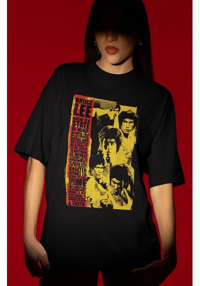 Tasarım Bruce Lee Efsane Dövüşçü Baskılı Unisex Oversize Tişört Siyah