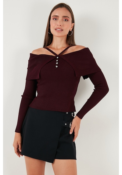 Lela Premium Fitted Fit Carmen Yaka Ip Askı Detaylı Triko Bayan Kazak 680Kz00076 Bordo