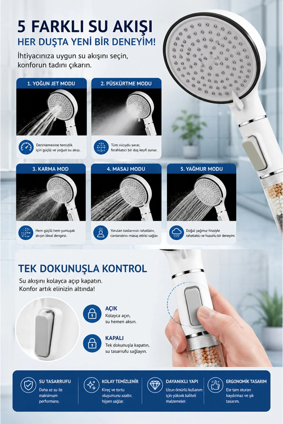 Yeni Nesil 5 Fonksiyonlu Filtreli Duş Başlığı Yüksek Basınçlı Tasarruflu Duş Başlığı Stop Butonlu Kireç Önleyici Mineral Filtreli 12 Cm Beyaz