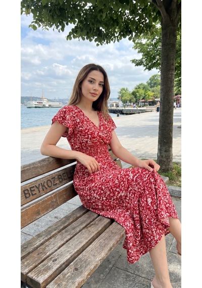 İkales Kadın Kısa Kollu Kruvaze Yaka Beli Lastikli Çiçek Desenli Elbise Kırmızı İkales Kadın Kısa Kollu Kruvaze Yaka Beli Lastikli Çiçek Desenli Elbise Kırmızı