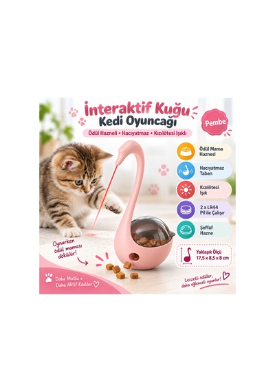 İnteraktif Kuğu Hacıyatmaz Kedi Oyuncağı Ödül Mama Hazneli Kızılötesi Işıklı - Pembe