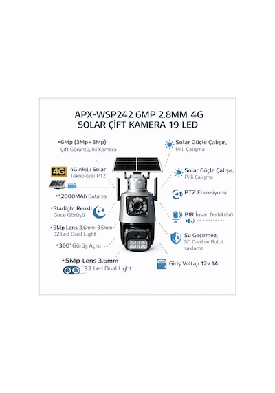 Apx-wsp242 6mp 2.8mm 4g Solar Çift Kamera 19 Led Ptz