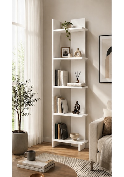 Andes Dekoratif Kitaplık Ve Çok Amaçlı Raf Ünitesi Modern Salon Kitaplığı Açık Raf Sistemi Beyaz