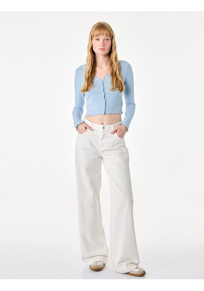 Koton Slim Fit V Yaka Uzun Kollu Düğmeli Kaşkorse Tişört Mavi 7wal10141ık