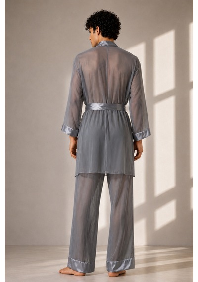 Qmen Style Erkek Şifon 3'lü Kimono - Pijama - Şort Seti Gri
