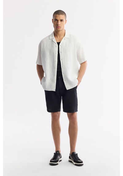 Avva Erkek Beyaz Apaj Yaka %100 Keten Kısa Kollu Oversize Fit Gömlek A51y2209