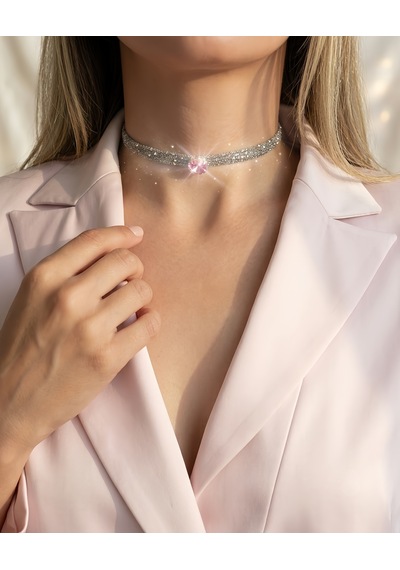 Kordon Zincir Örme Kristal Taşlı El Yapımı Choker Tasma Pembe Silver Renk Kolye