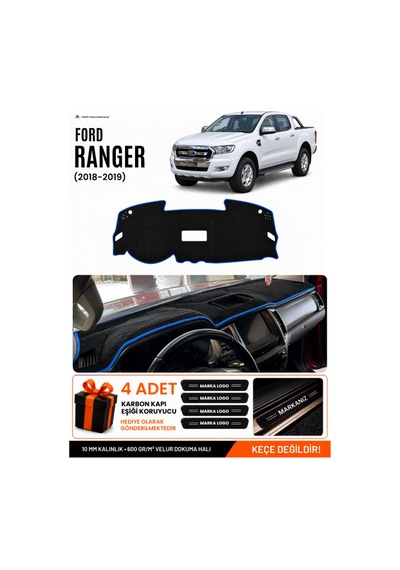 Ford Ranger 2018-2019 Uyumlu Torpido Koruma, Torpido Örtüsü, Torpido Kılıfı - Siyah-mavi - Fo015