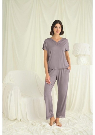 Civetta Kısakollu V Yakalı Dantelli Pijama Takımı Gri
