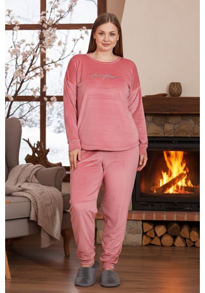 Remsa Büyük Beden Kadın Kadife Pijama Takımı 25396 Pembe Pembe