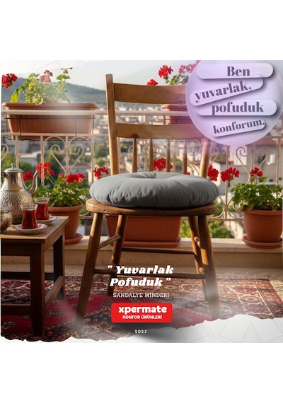Pofuduk Yuvarlak Sandalye Minderi Mutfak, Balkon, Bahçe Dekoratif Oturma Minderi Yumuşak Dolgu Gri