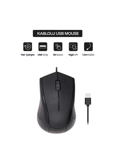 Concord Usb Kablolu 3d Optik Mouse 3 Tuş, Yüksek Dpı Hassasiyetli Bilgisayar Mouse C29mousesiyah