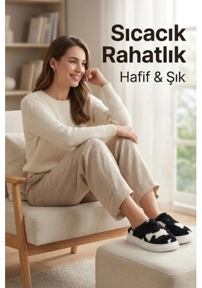 Hafif Ve Yumuşak Peluş Kaymaz Taban Anne Çocuk Misafir İnek Desen Cow Print Ev Terliği 5808 Siyah - Beyaz Hafif Ve Yumuşak Peluş Kaymaz Taban Anne Çocuk Misafir İnek Desen Cow Print Ev Terliği 5808 Siyah - Beyaz