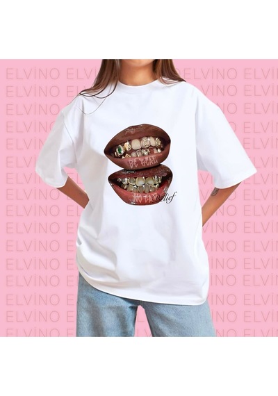 Noıssey Beyaz Grillz Tee Baskılı Oversize Unisex Kadın/erkek Bisiklet Yaka Pamuklu