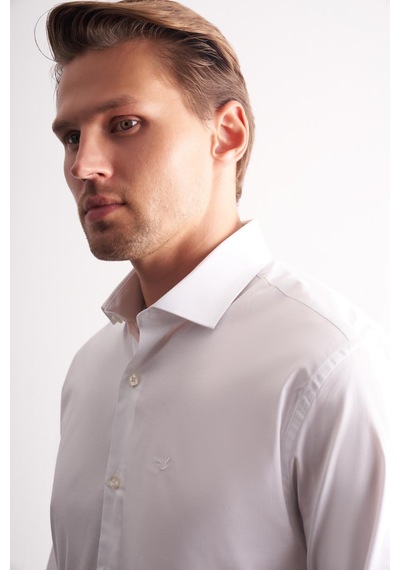İmza Beyaz Yarım İtalyan Yaka Uzun Kol Premium Slim Fit Pamuklu Gömlek 1004255198 Beyaz