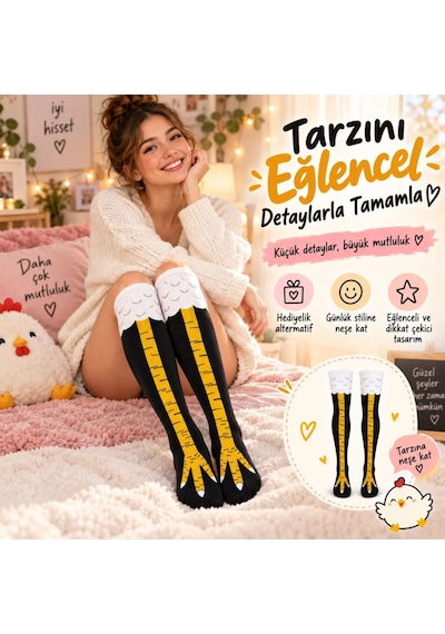 Çorap Giyim Kadın Diz Üstü Tavuk Ayağı Desenli Çorap Siyah Sarı Uzun Eğlenceli Kostüm Parti Günlük Çorabı Modeli Çok Renkli