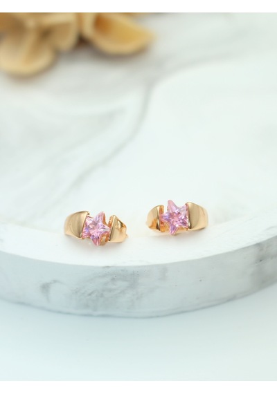 Vıp Pembe Yıldız Taşlı Gold Çelik Küpe - Suya Ve Denize Dayanıklı Gold