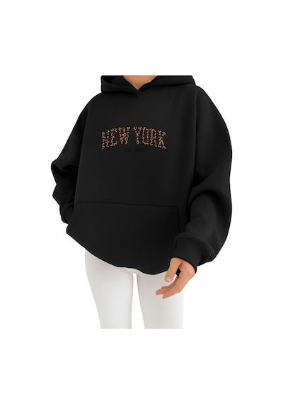 Benroma 3 İplik Penye New York Baskılı Ünisex Kapüşonlu Sweat SIYAH