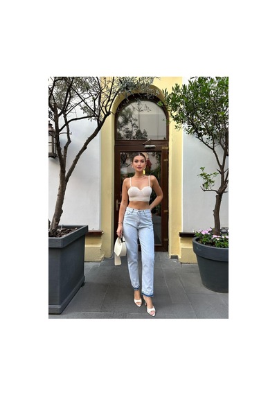 Kene Jeans Kadın Buz Kar Yüksek Bel Paça Söküm Mom Jeans Pantolon Mavi