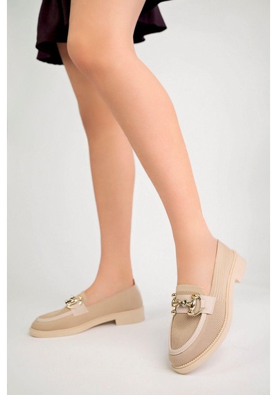 Aymood Kadın Nude Zincir Tokalı Kalın Taban Pu Deri Günlük Klasik Topuklu Loafer Makosen Ayakkabı F Krem Te Krem