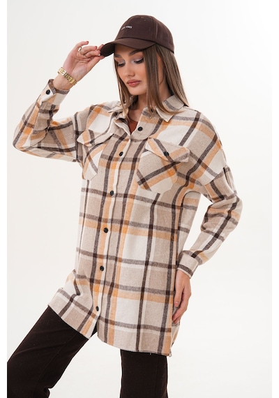 Polologin Butik Kadın Oduncu Çift Cepli Cep Kapaklı Kahverengi Bej Araboy Spor Gömlek Bej