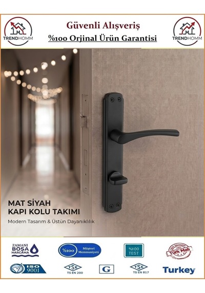 Trendhomm Bravo Aynalı - Mat Siyah - Wc Banyo Kapı Kolu - Sağ