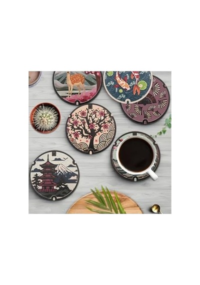 Mdf 6'lı Bardak Altlığı, Japon Sanatı Temalı 10 Cm Tasarım 124-Pembe