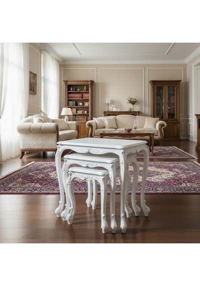 Majestic Fransız Still 3'lü Ahşap Zigon Sehpa Beyaz