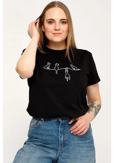 Unisex Kedi Baskılı Oversize Tshirt Siyah