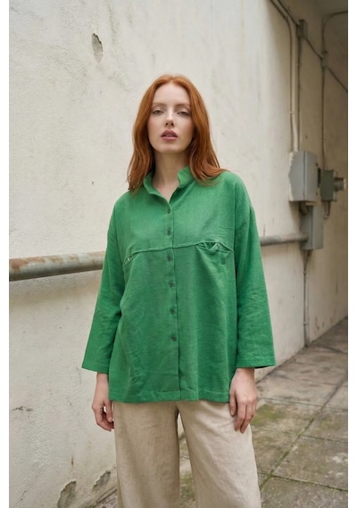 Hiccup My Fashıon Oversize Uzun Kollu Keten Karışımlı Gömlek Yeşil