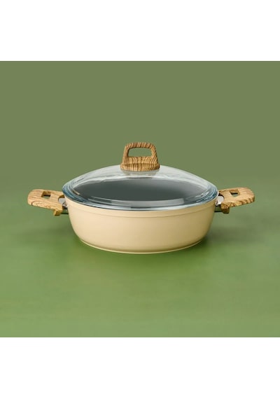Hisar Seramik Kaplama Basık Tencere - Beyaz / Kahverengi - 26 Cm