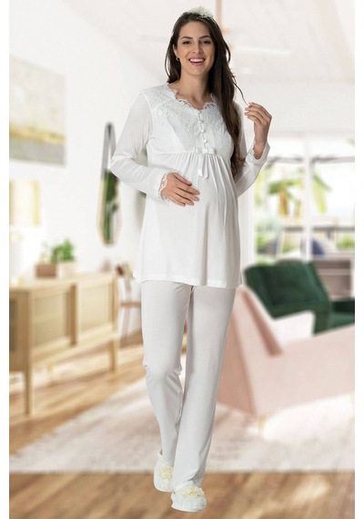 Mecit Pijama Mecit 5416 Ekru Uzun Sabahlıklı Lohusa Pjama Takımı