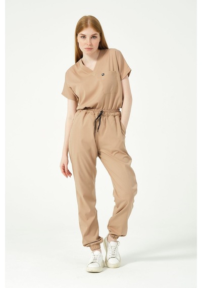 Bej Likralı Scrubs Kargo Cep Jogger Paça Doktor Hemşire Forması Yarasa Kol Takım Unisex