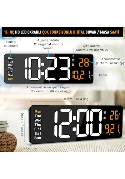Upway Kumandalı Büyük Hd Led Ekranlı Dijital Masa Duvar Saati Elektronik Saat Sıcaklık Tarih Turuncu Siyah