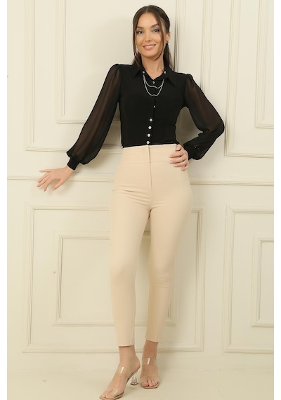 By Saygı Yüksek Bel Dar Paça En Boy Likra Pantolon-36162-bej Bej