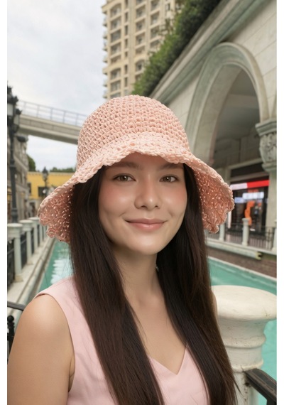Mollycrush Kadın Pembe Hasır İp El Örmesi Bucket Şapka Plaj Trend Tasarım Pembe