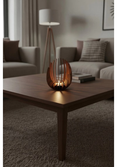 Ceviz Desenli Lotus Mumluk 3 Mm Mdf Lazer Kesim, 14 Cm Kemençe