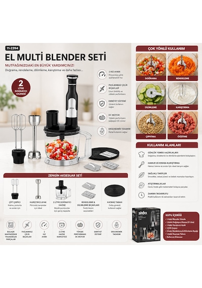 2hız Ayar - Paslanmaz Çelik Bıçak El Multi Blender Seti 2 Lt Hazneli Shb-7534 5286