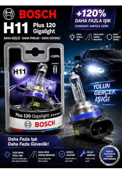 Bosch H11 Plus 120 Gigalight Far Ampulü %120 Daha Fazla Işık H11 12v 55w Pgj19-2  Bosch Tekli