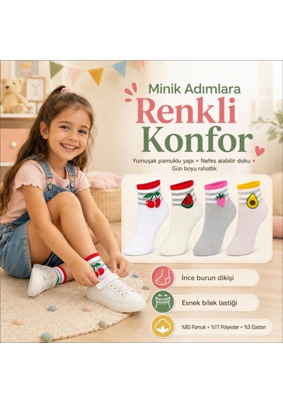 Kız Çocuk Pamuklu 4'lü Meyve Desenli Çorap Kiraz Karpuz Çilek Avokado Günlük Bilek Çorabı Çok Renkli