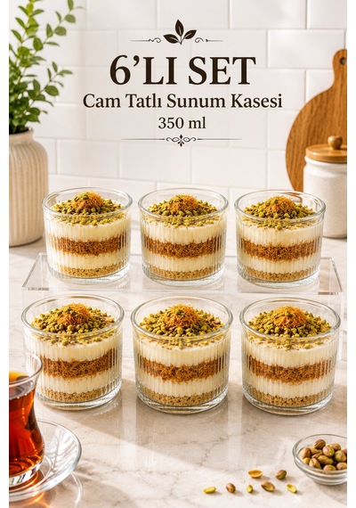 6'lı Çizgili Cam Tatlı Sunum Kasesi 350 Ml - Magnolia Cheesecake Kahvaltılık Çerezlik Servis Seti Şeffaf