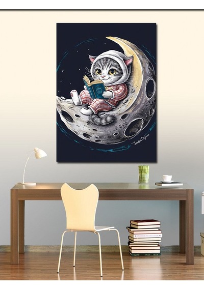 Kanvas Tablo Ay Üzerinde Kitap Okuyan Kedi 100cmx140cm