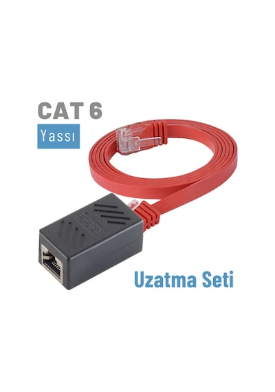 Irenis CAT6 Kablo Uzatma Seti. Yassı Ethernet Kablo ve Ekleyici 2 M-Kırmızı