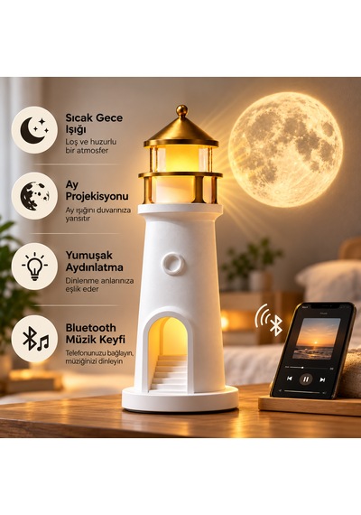 Kenly Deniz Feneri Ay Projeksiyonlu Led Gece Lambası Bluetooth Hoparlörlü Kumandalı Dimmerli 2400 Mah Şarjlı Masa Lambası Beyaz