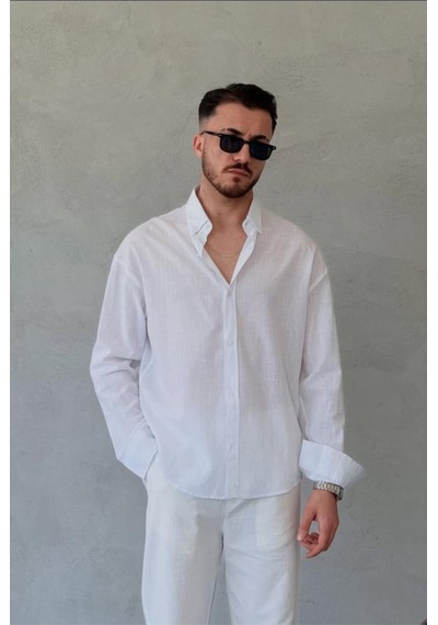More Black Oversize Fresh Keten Gömlek Beyaz