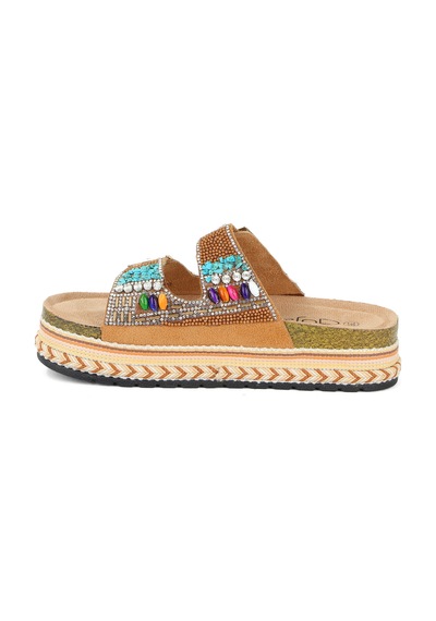 Guja 25y103 Kadın Mantar Platform Taban Taşlı Çift Tokalı Comfort Terlik Camel Fuşya
